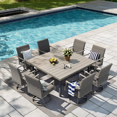Allure Patio 8-person Metal Square Dining Set With Umbrella Hole And Wicker Swivel Dining Chairs