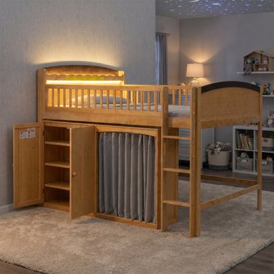 Twin-Size Brown Loft Bed With Storage, A Wardrobe, And Led Lighting