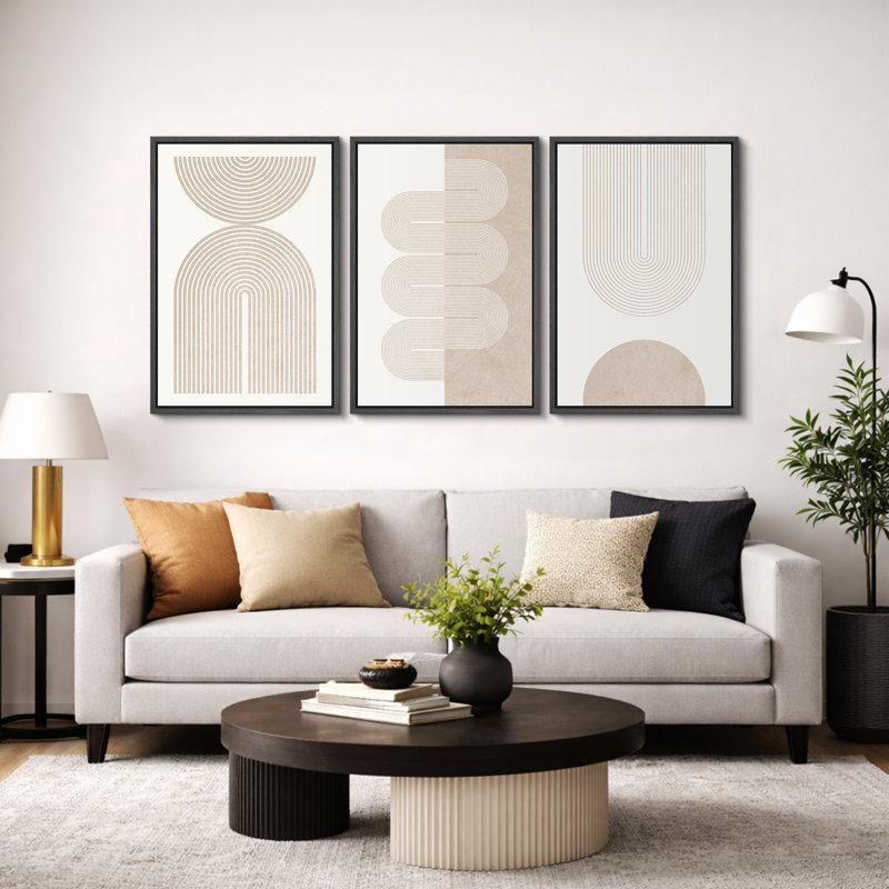 "Mid-Century Modern Boho" Duotone Beige Abstract Lines, H 24 po x l 48 po, Plastique noir