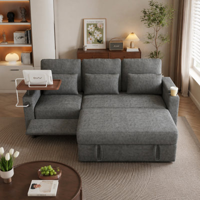 81-inch 3-in-1 foldable three-person sofa bed with a table board and USB ports, armrests with storage function. High-quality chenille three-person sofa. The sofa bed features adjustable backrest and p
