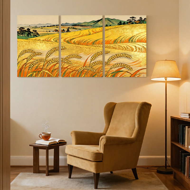 «Golden Wheat Field Landscape», ensemble de 3 reproductions d'art sur toile, H 30 po x l 60 po