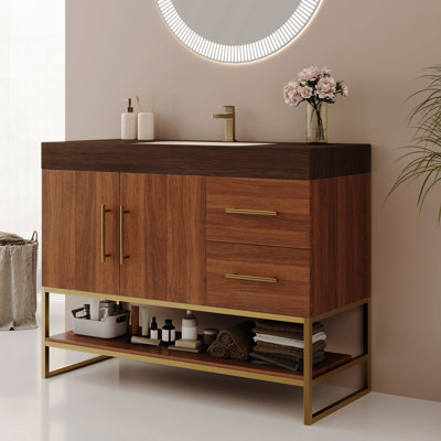 Meuble-lavabo de 36 po avec lavabo intégré, pattes dorées et grand espace de rangement - Accent contemporain 36 po, plateau en pierre frittée