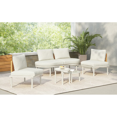 6-Piece Patio Sofa Furniture Set, Half Moon Outdoor Sectional Sofa with 2 High-Low Coffee Tables, PE Wicker Rattan, Tempered Glass, 4 Pillows & Cushions, for Backyard, Garden, Poolside