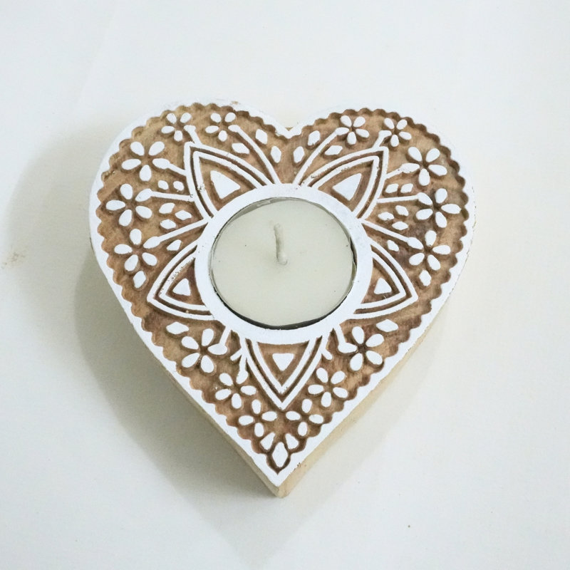  Handmade Block Print Heart Shaped Wooden Tea Light Candle Holder for Home décor, Festive Lighting, and Cozy Table Accents, 9