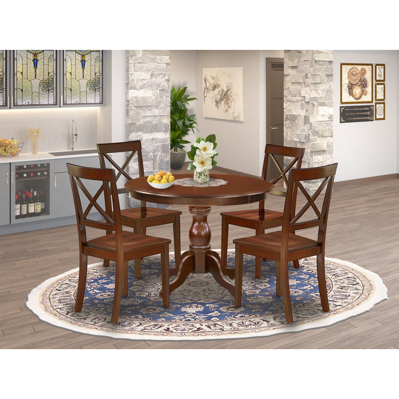L'ensemble de salle à manger 5 pièces comprend une table ronde avec piédestal et 4 chaises de cuisine, 42 x 42 pouces, acajou