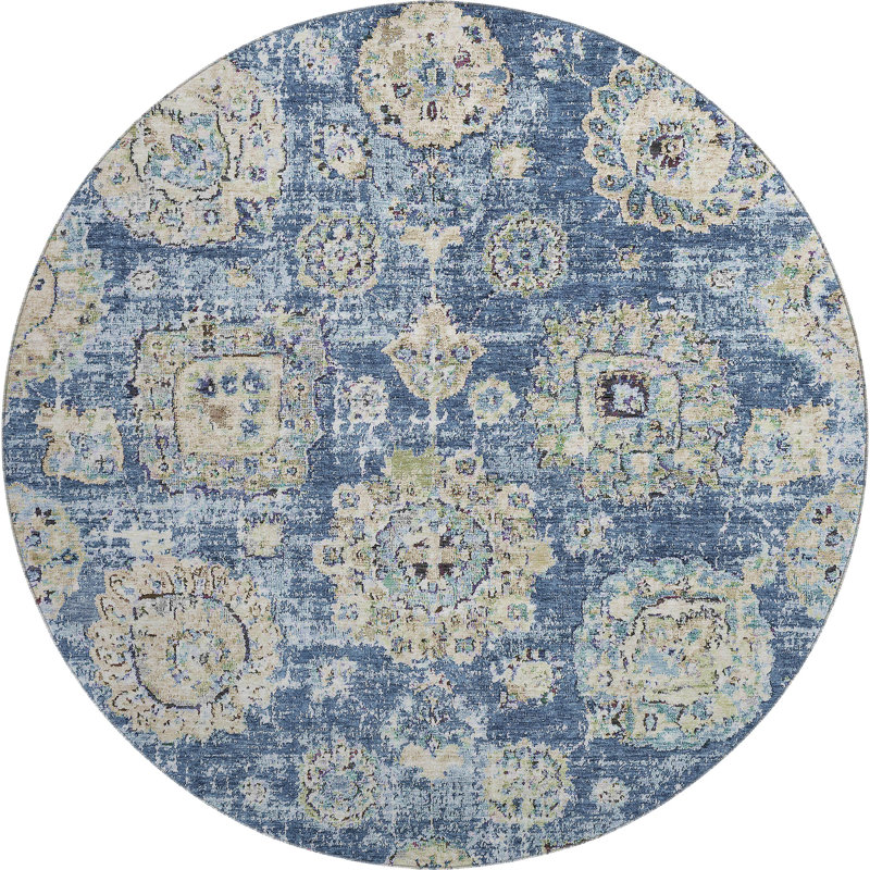 Tapis bleu Cerrito lavable à la machine de qualité supérieure, Rond 8 pi