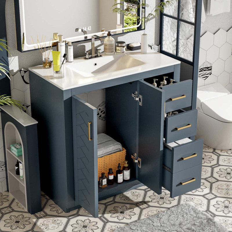 Meuble-lavabo 36 po avec lavabo en céramique, Bleu