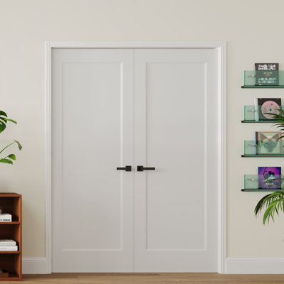 Double Door Set 1 Panel Shaker Molded Hollow Core Interior Door, Pre-Finished Smooth Pure White Grain-Free Surface No Wood Grain, Modern Reversible Swing Interior Double Doors, Complete Kit with Door Jamb, Hinges & Door Handle Hardware Included