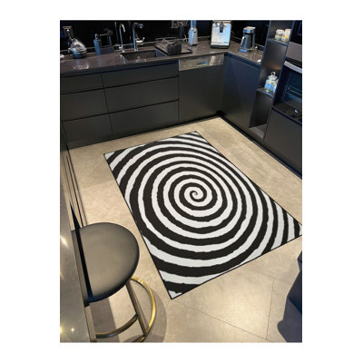 Black Round Wavy Infinity Themed Decorative Washable Rug