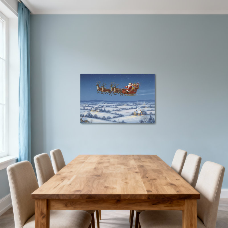 Noël, père Noël, traîneau volant, renne, paysage enneigé, scène de Noël, H 12 po x l 18 po