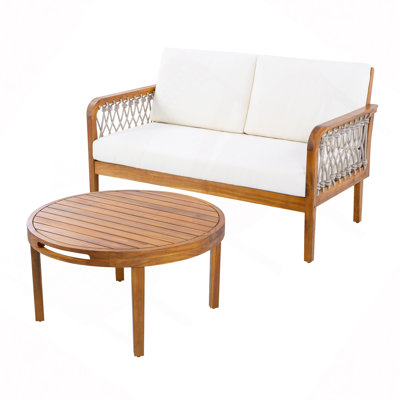 Outdoor Acacia Wood Loveseat & Coffee Table Set With Handwoven Rope