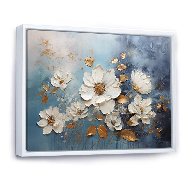 Golden Blue and White Floral Canvas Print with Floating Frame