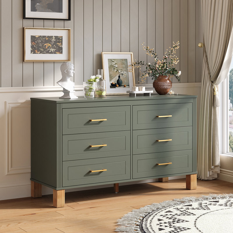 Commode 6 tiroirs, commode de rangement moderne avec poignées en métal et pieds en bois massif, Olive