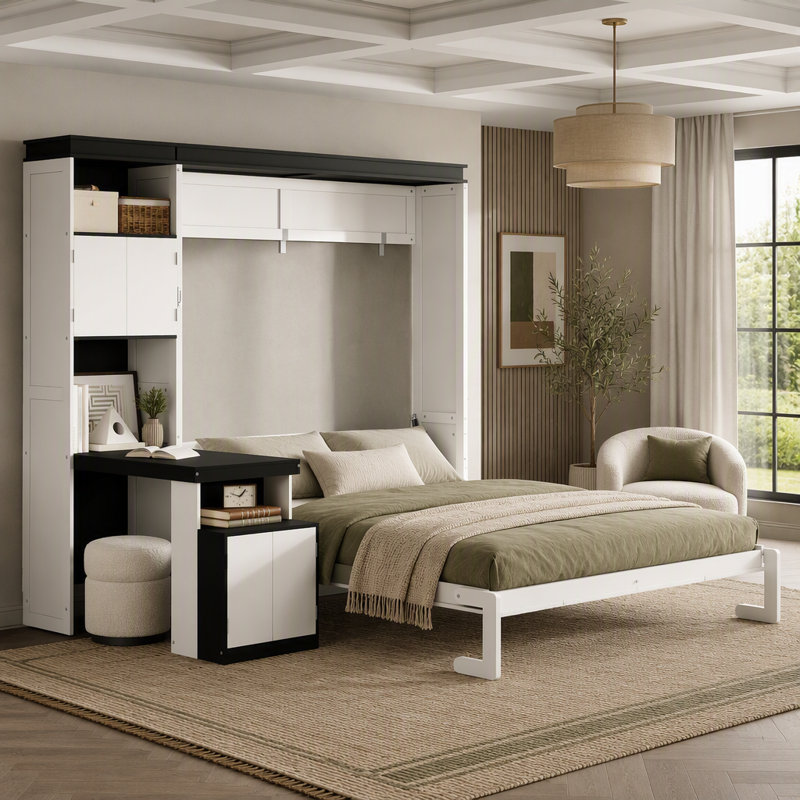 Lit escamotable avec bureau, tablettes et armoires de rangement, Double