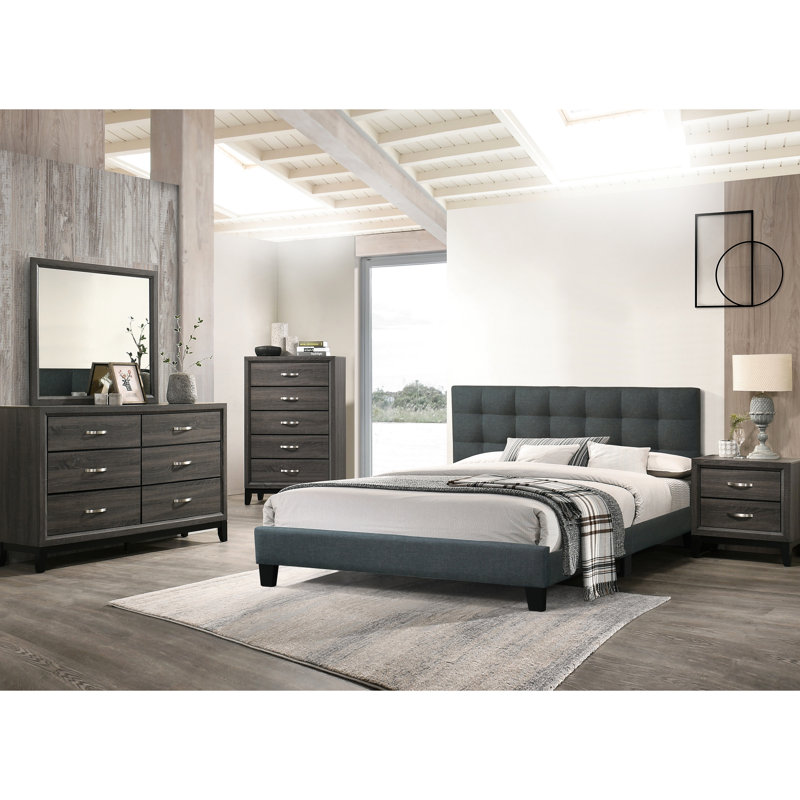 Lit plateforme moderne avec tête de lit gris anthracite et structure en panneaux de particules, Gris anthracite, Grand lit