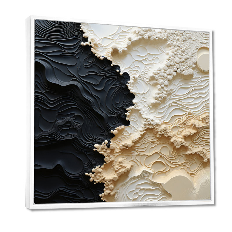 Abstrait crème et noir liquide, reproduction d'art sur toile côtière, 44" H x 44" W, Reproduction avec cadre flottant, Blanc
