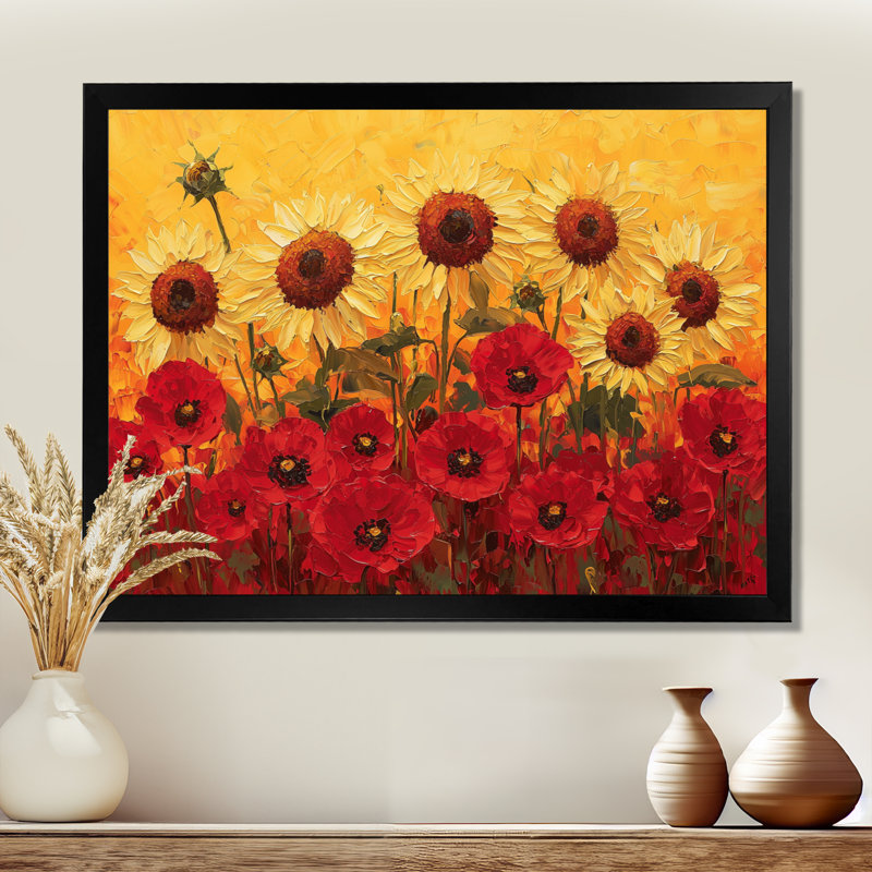 Domian, tournesols dans le champ de coquelicots II - tournesols, art mural, Reproduction encadrée d'une seule photo