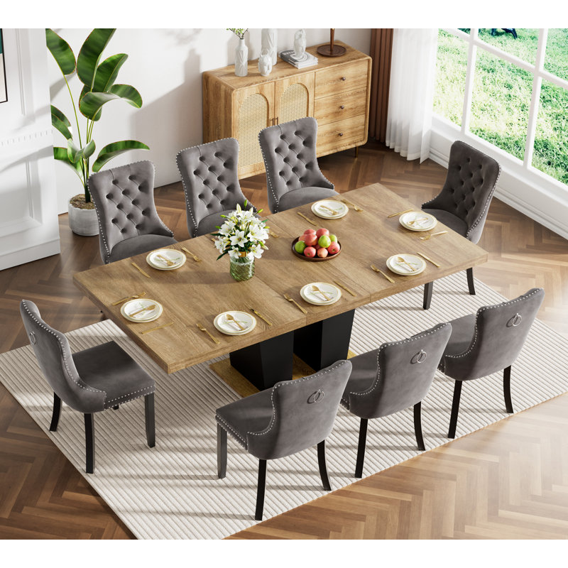 62.99" -78.74" Extendable Dining Table Set, Black&Brown Dining Room Table & Velvet Dining Chairs with Wood Leg, Rustic Kitchen Dining Table and Chairs Set, Modern Dining Table Set