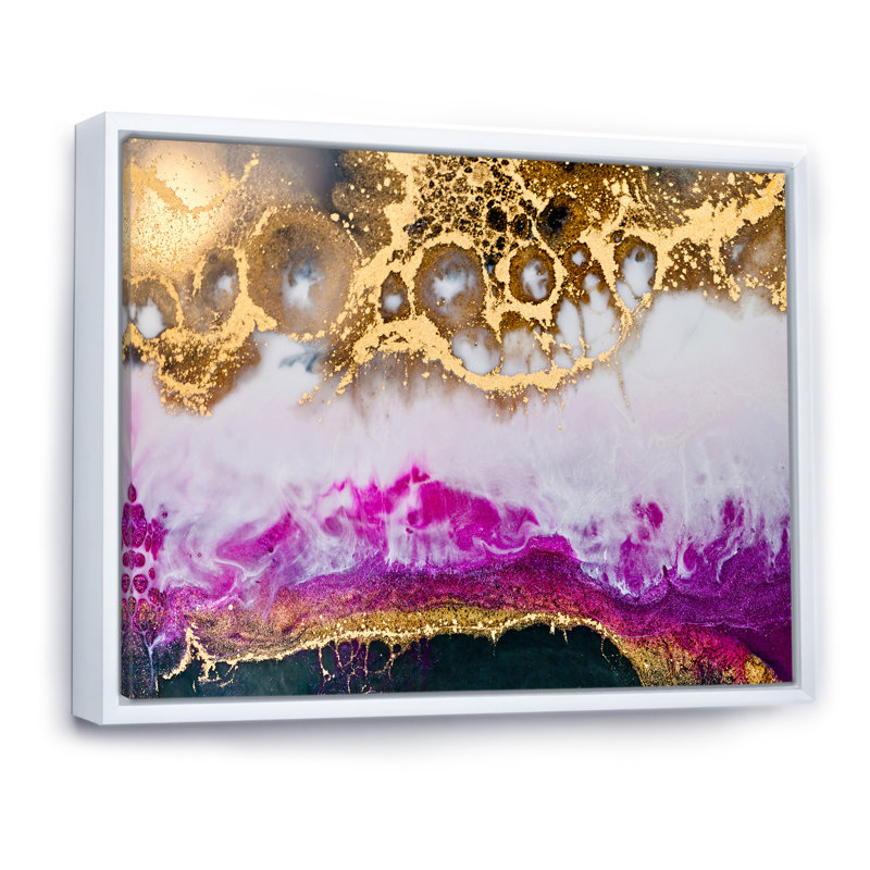 Résine époxy or blanc et fuchia - peinture sur toile, H 12 po x l 20 po, Toile à cadre flottant blanc