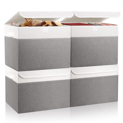  Grey & White Linen Storage Bins - Foldable, Stackable Organizer With Lids, Multi-Purpose For Home