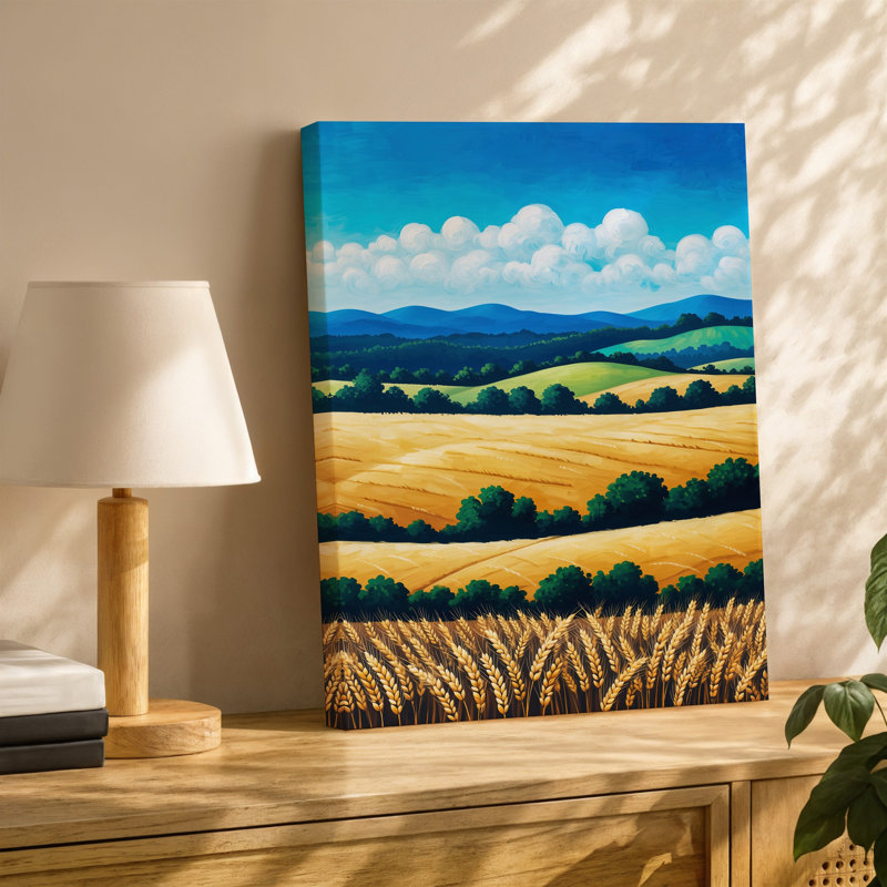 Toile, "Un paysage serein" avec de grands champs de blé doré se balançant délicatement, H 40 po x l 30 po