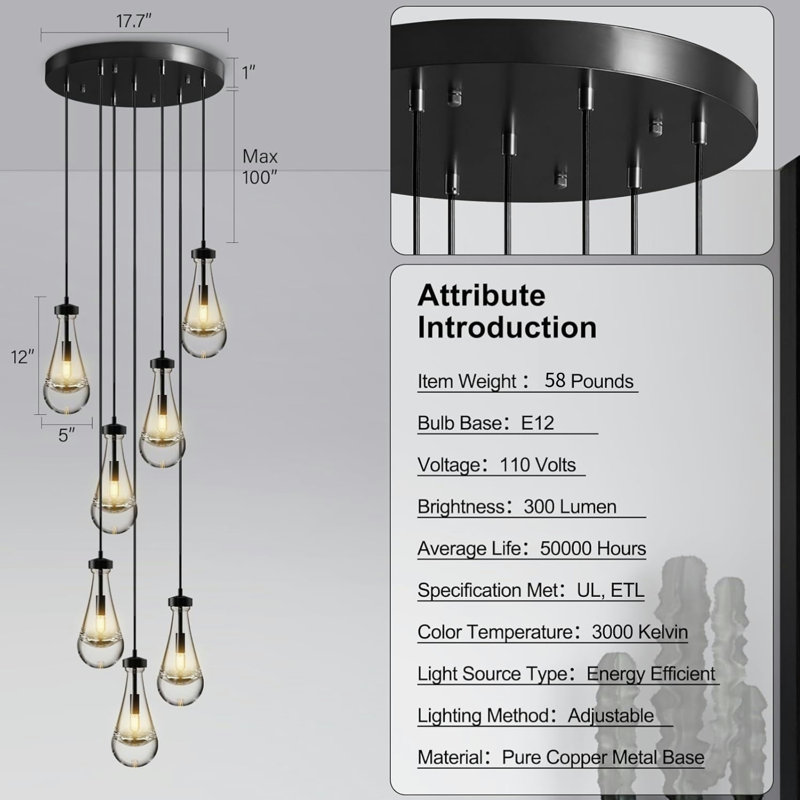 Luminaire suspendu H100 "Raindrops 7 lumières, Noir mat