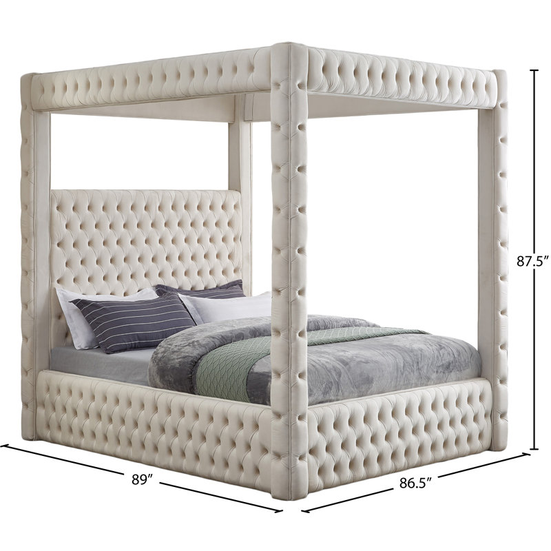 Très grand lit plateforme tapissier Ekke, Velours beige, Très grand