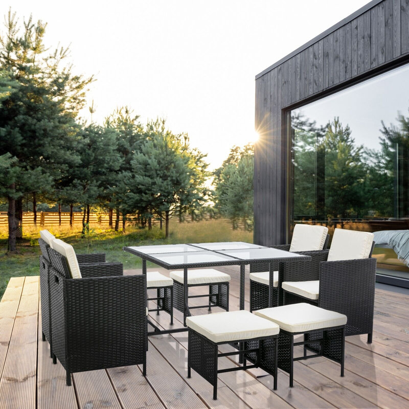 Gjovalin Rattan Wicker 8 - Person Seating Group with Cushions, Black