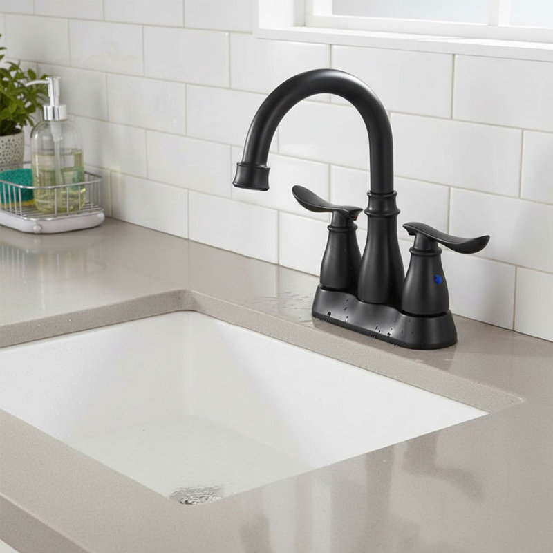 Double Handle Bathroom Sink Faucet with Drainer, Black