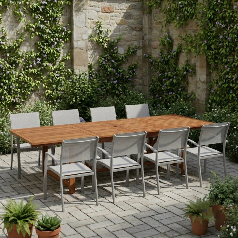 Ensemble repas extensible d'extérieur en bois 9 pièces Nicholas FSC, Dark Brown, Light Grey