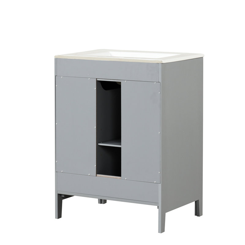 Armoire de meuble-lavabo 24 po en bois massif gris avec lavabo à deux tiroirs, tablette ajustable 24 po, Grey