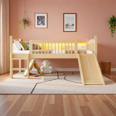 Loft Bed With Storage Shelves, Lower Loft Bed With LED Lights And Full-Length Guardrails, No Box Spring Needed