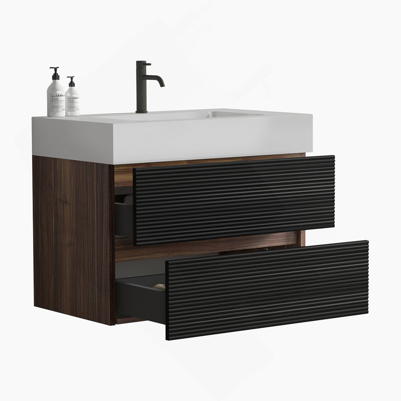 Meuble-lavabo de 30 pi avec lavabo en quartz d'ingénierie et tiroirs noirs doux, meuble-lavabo mural flottant pour salle de bain moderne, lavabo blanc brillant une pièce, KD
