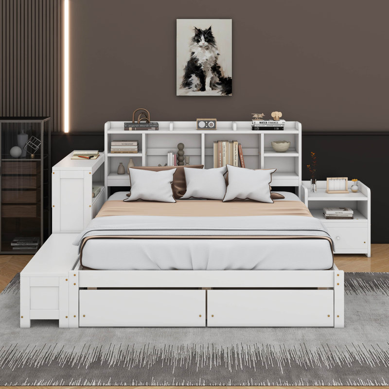 Lit plateforme en bois avec espace de rangement multifonctionnel, table de chevet, tiroirs, ports USB et bureau, Blanc