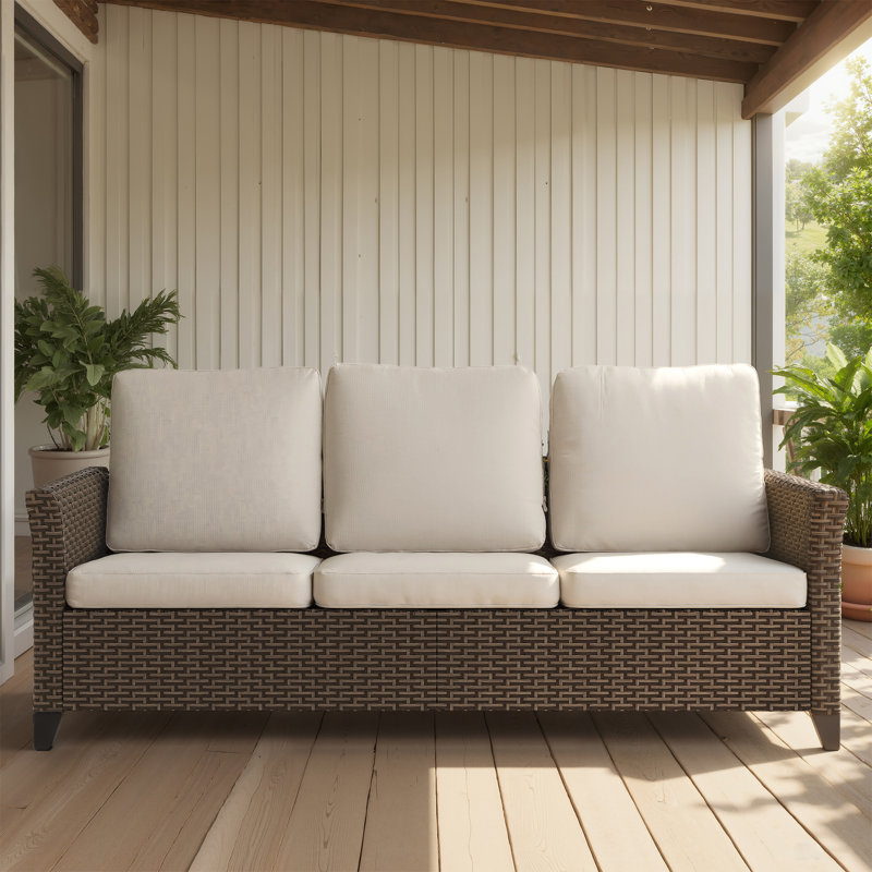 All-weather Wicker 3-seat Patio Sofa With Curved High Back, Washable Plush Cushions, Perfect For Porch, Deck, Garden & Small-space Seating-Beige