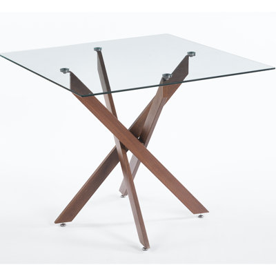 Square Dining Table With Cross Metal Legs And Tempered Glass Surface, 90X90x75cm, Adjustable For Different Scenarios, Dark Walnut Smooth Length,