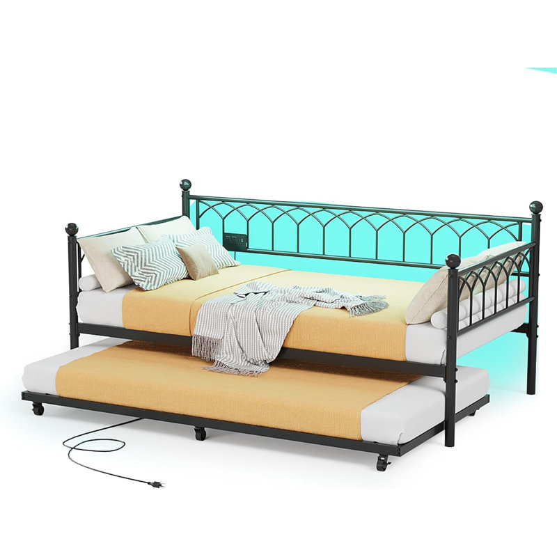 Twin Metal Daybed with Trundle, LED Lights & Charging Station, Black, Black