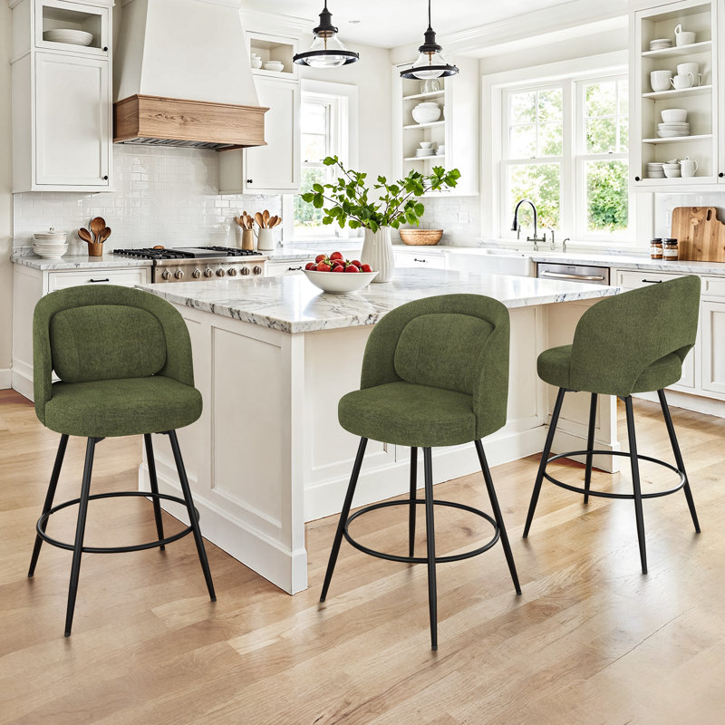 26" H Swivel Metal Bar Stool with Back Pillow, Green-Chenile, 3