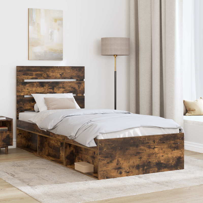 Solid Wood Bed Frame, European Single (90 x 200 cm), Smoked Oak