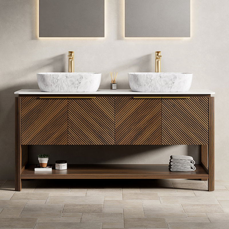Meuble-lavabo moderne en bois rustique avec lavabo, comptoir en marbre 60 po