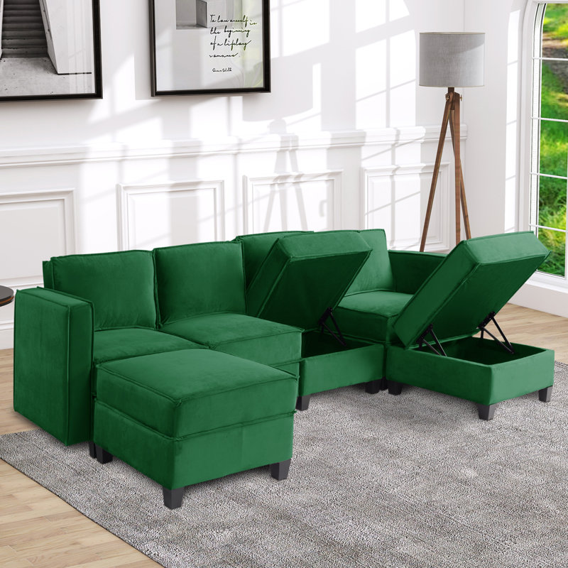 Canapé modulaire et méridienne Emmaliese, Velours vert