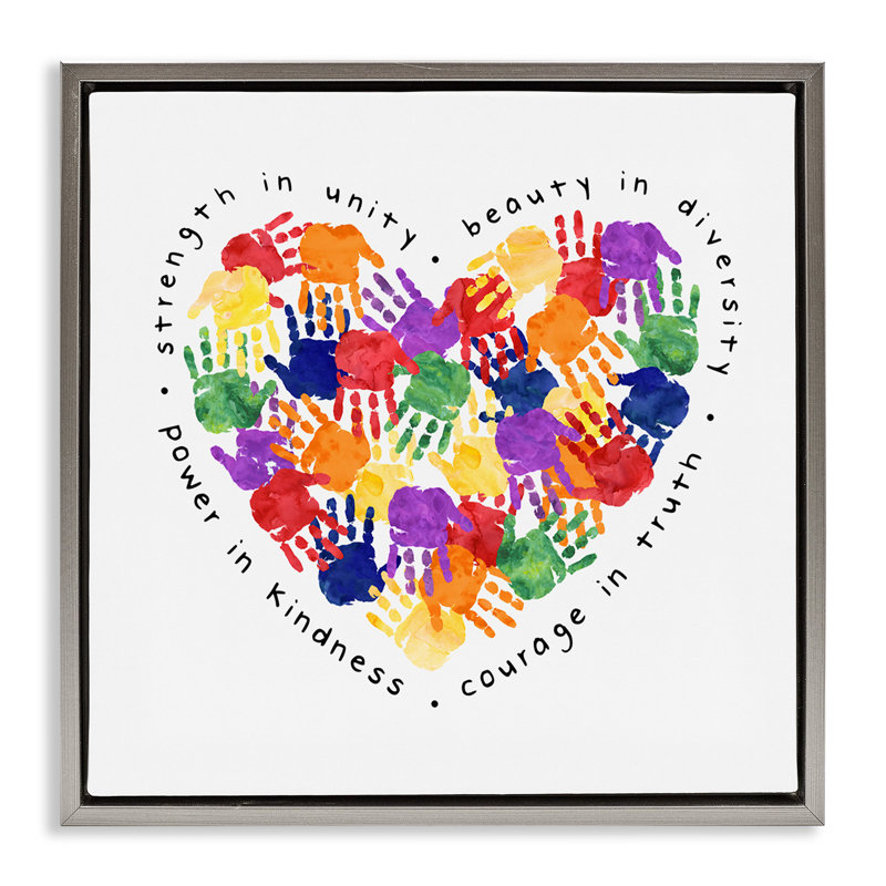 Force dans l'unité - Handprint Heart, Cadre flottant gris lustré, H 18 po x l 18 po