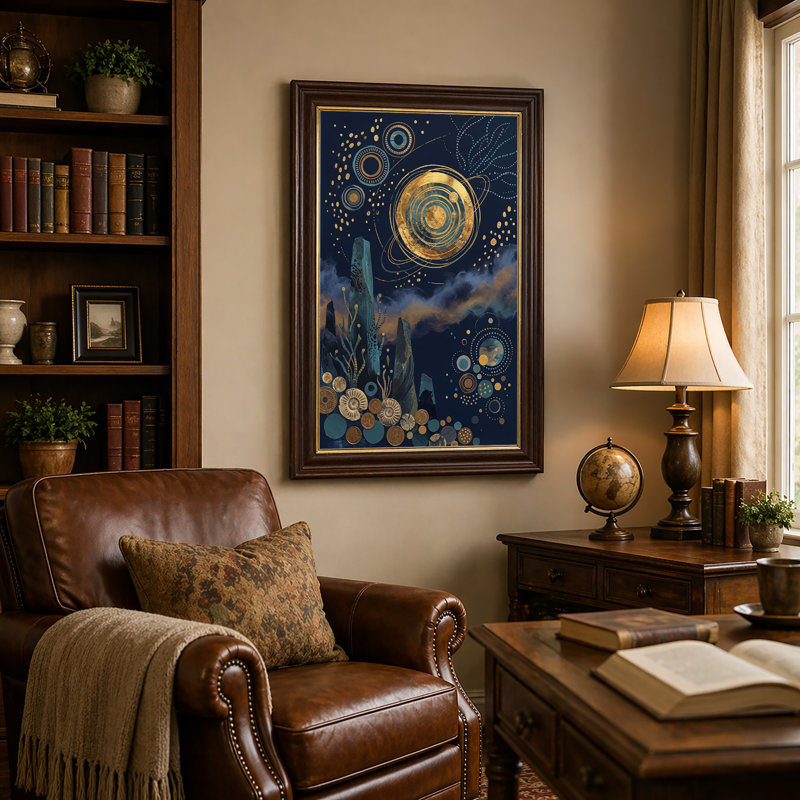 Art mural de planètes dorées et d'étoiles étoilées sur toile bleu marine foncé, 18"H x 12"W