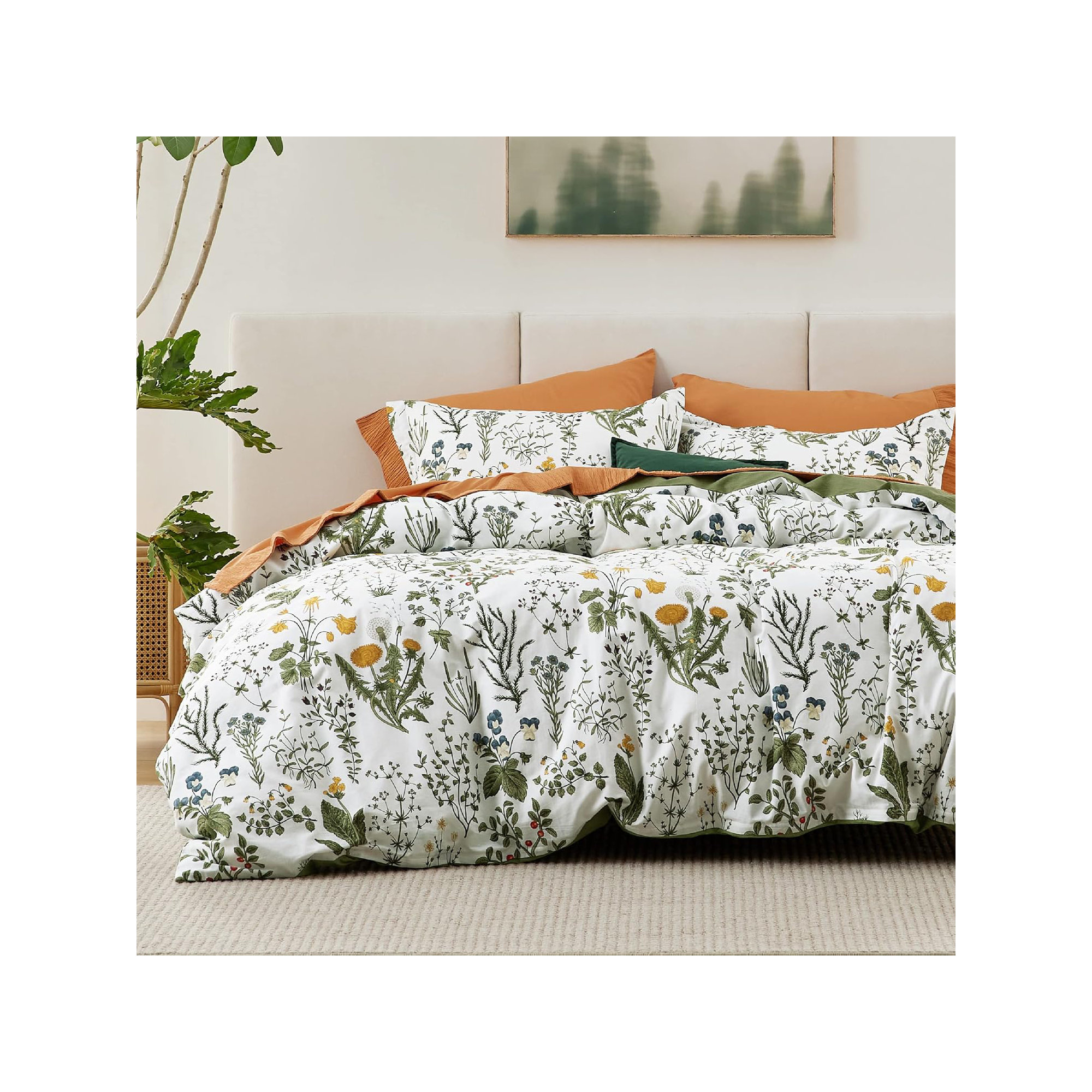 Bedsure 100% Cotton Reversible Floral Duvet Cover Set, Green/Yellow Floral, Queen Duvet Cover + 2 Standard Shams