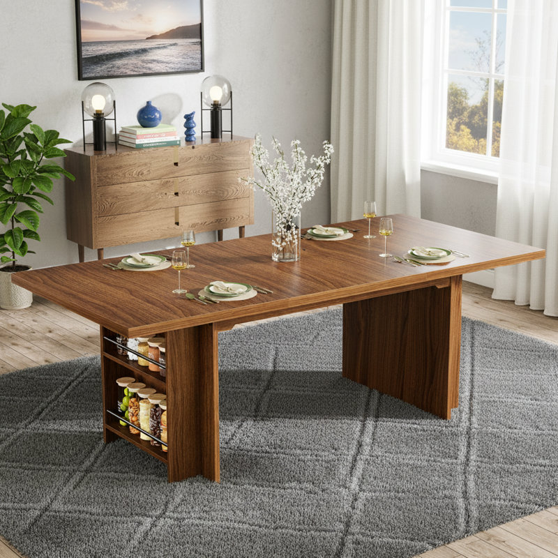 63" Farmhouse Dining Table Wooden Kitchen Table with Shelves for 6 to 8