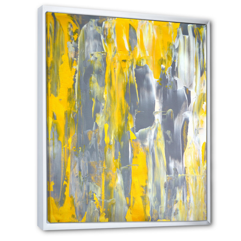 Gris et jaune fusionnant abstrait II - peinture sur toile, H 20 po x l 12 po x P 1 po, Cadre flottant blanc