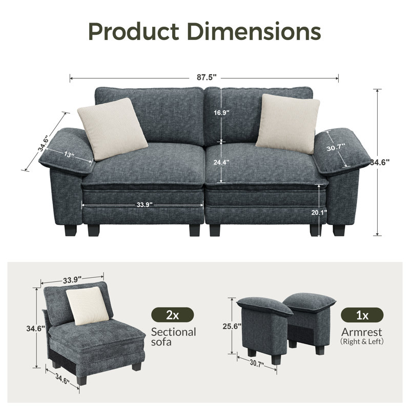 88" Modular Sectional Loveseat Couches For Living Room, 2-seater Deep Seat Sofa With Throw Pillow, Navy Chenille
