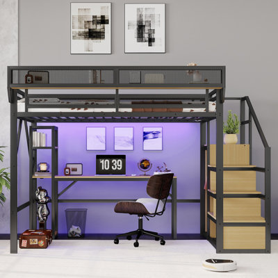 Lit mezzanine double avec bureau et tablettes de présentation, lit mezzanine en métal avec escalier, garde-robe, station de charge et éclairage à DEL pour les adolescents, produits brevetés
