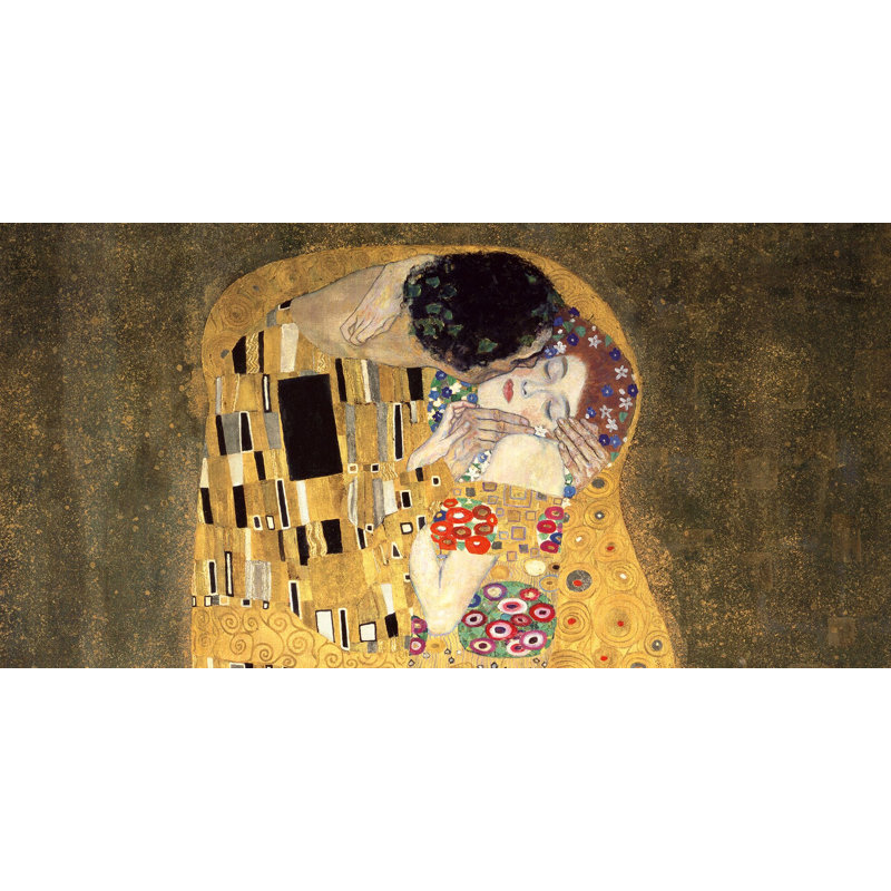 The Kiss (Detail) by Gustav Klimt - Wrapped Canvas Painting, 50cm H x 100cm W x 4cm D, Mustard/Khaki/Peach Puff