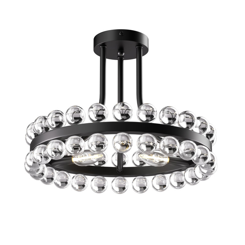 Jackeline 16'' - 3 Lights Matte Black Crystal Ball Modern Chandelier Style Circle Semi Flush Mount Lighting Fixture For Living Room/Bedroom